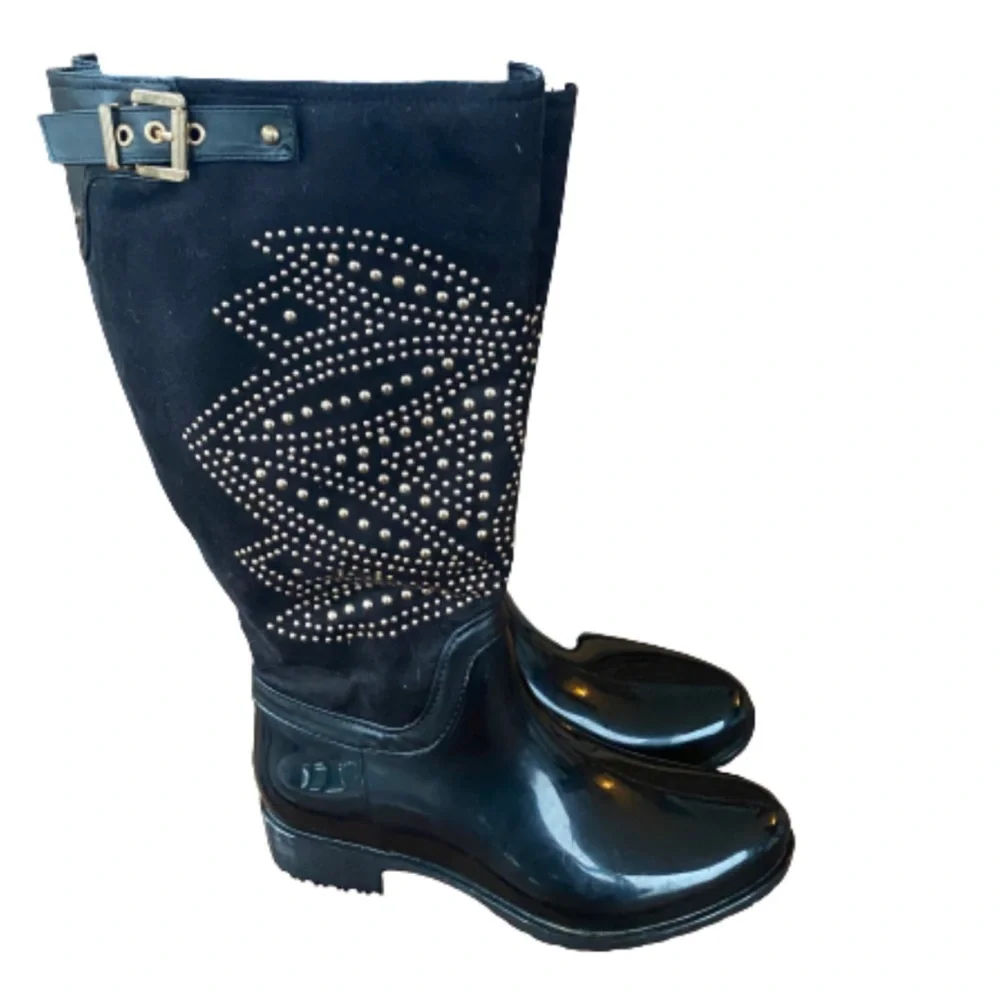 Bumper Katya studded buckle strap black rain boots size 8